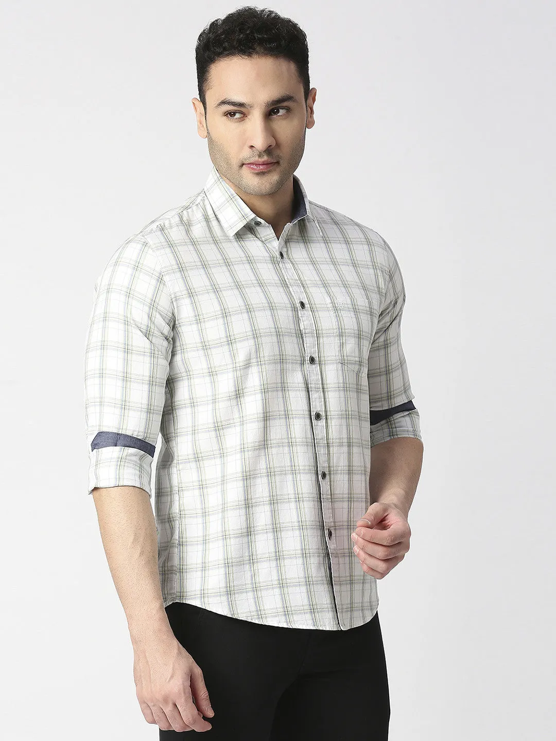 White Twill Checked Shirt With Pocket