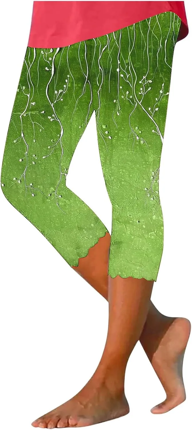 Women Capri Leggings Fashion Print High Waist Tummy Control Slim Yoga Cropped Trousers Stretchy Workout Outfits