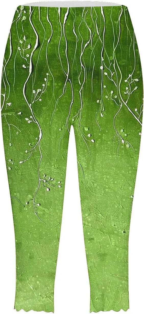 Women Capri Leggings Fashion Print High Waist Tummy Control Slim Yoga Cropped Trousers Stretchy Workout Outfits