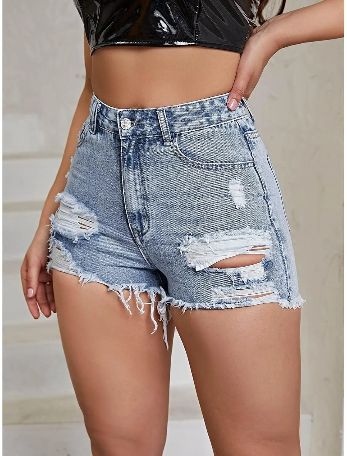 Women Denim Shorts Stretchy Mid High Waisted Summer Beach Plus Size Casual Trendy Ripped Loose Fit Hot Short Jeans