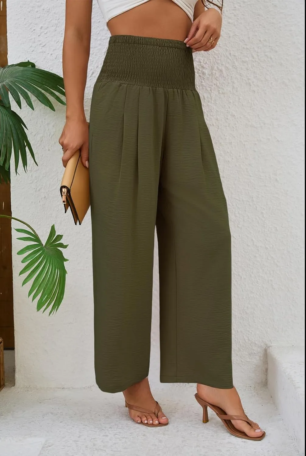 Womens Elastic High Waisted Wide Leg Pants Casual Loose Flowy Palazzo Pant Long Lounge Capri Trousers with Pocket