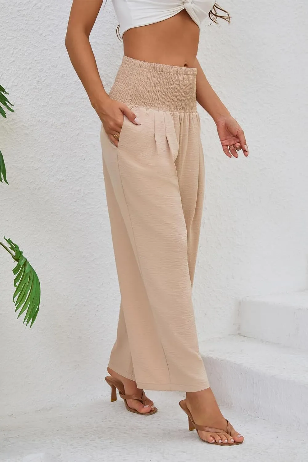Womens Elastic High Waisted Wide Leg Pants Casual Loose Flowy Palazzo Pant Long Lounge Capri Trousers with Pocket