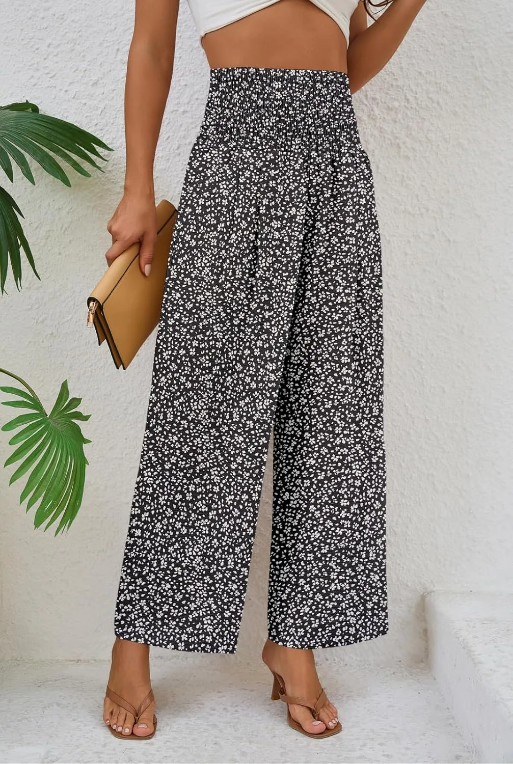 Womens Elastic High Waisted Wide Leg Pants Casual Loose Flowy Palazzo Pant Long Lounge Capri Trousers with Pocket