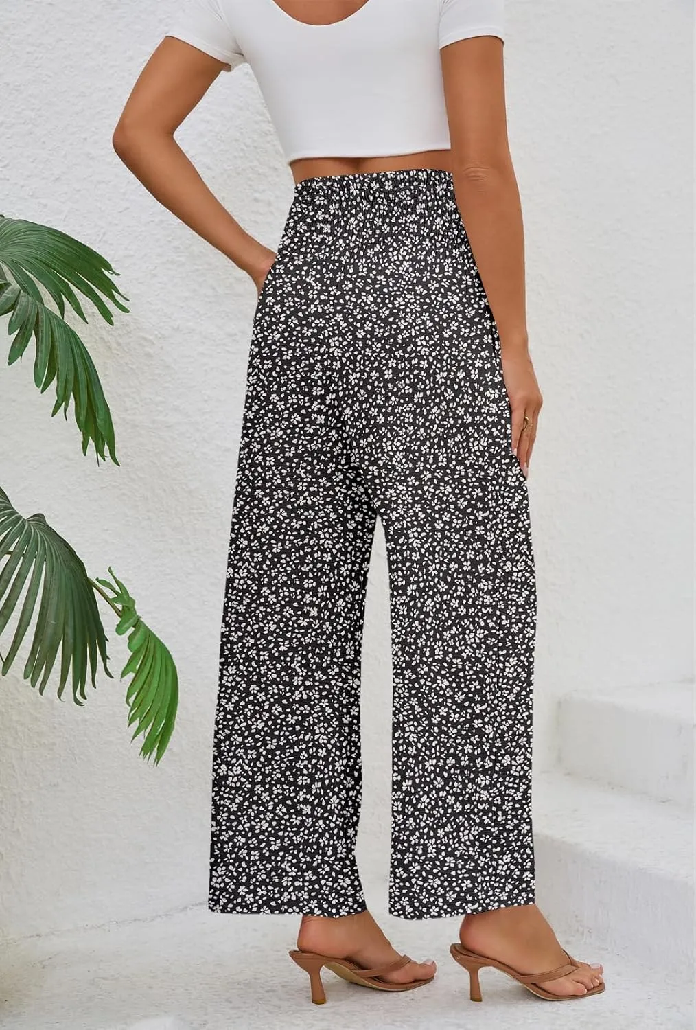 Womens Elastic High Waisted Wide Leg Pants Casual Loose Flowy Palazzo Pant Long Lounge Capri Trousers with Pocket