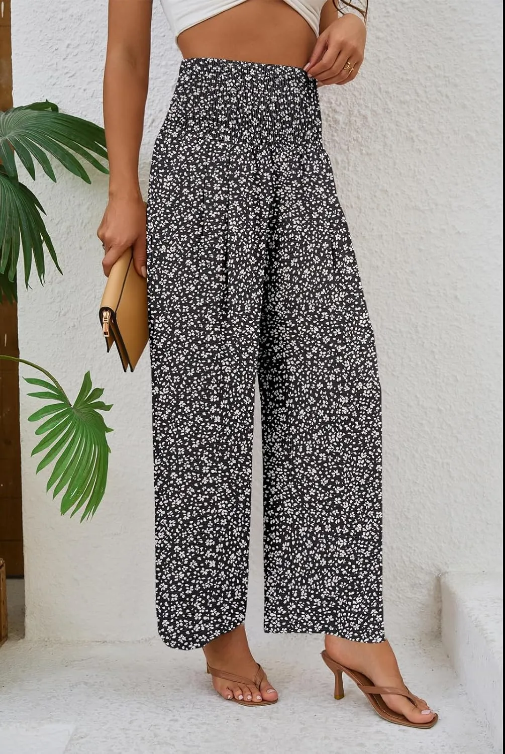 Womens Elastic High Waisted Wide Leg Pants Casual Loose Flowy Palazzo Pant Long Lounge Capri Trousers with Pocket