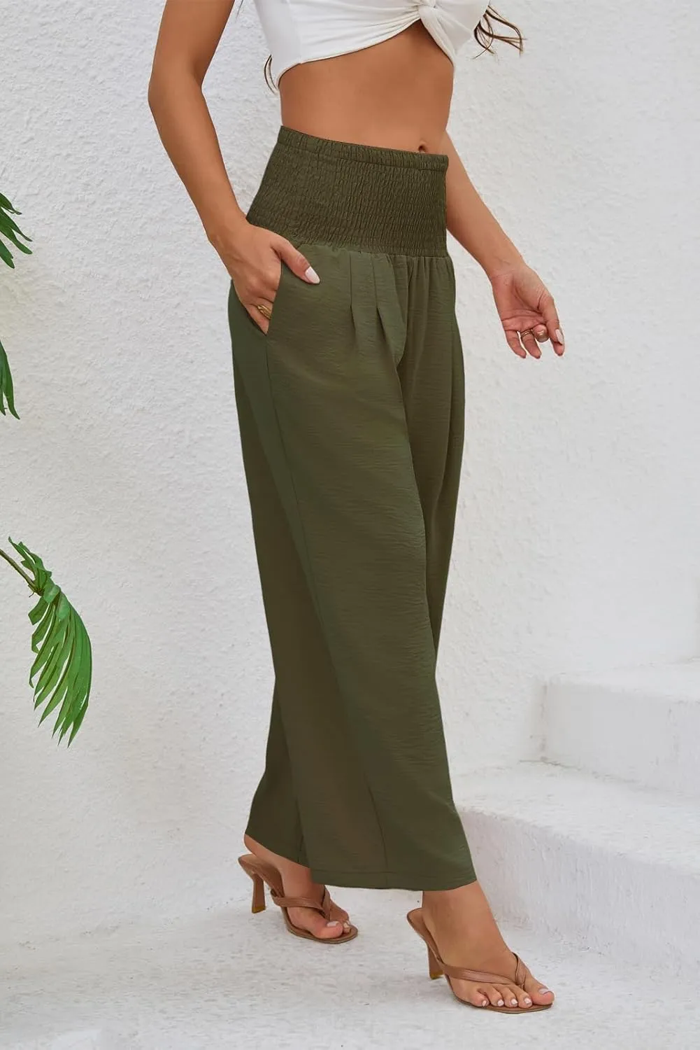Womens Elastic High Waisted Wide Leg Pants Casual Loose Flowy Palazzo Pant Long Lounge Capri Trousers with Pocket