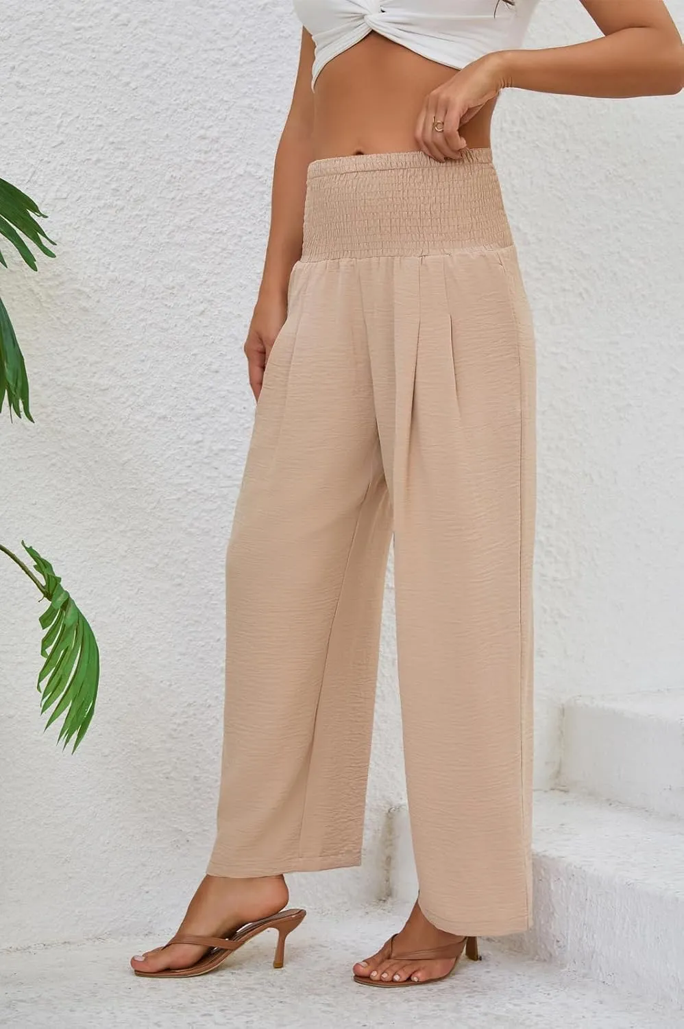 Womens Elastic High Waisted Wide Leg Pants Casual Loose Flowy Palazzo Pant Long Lounge Capri Trousers with Pocket