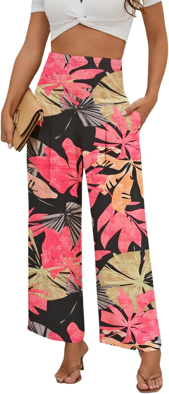 Womens Elastic High Waisted Wide Leg Pants Casual Loose Flowy Palazzo Pant Long Lounge Capri Trousers with Pocket