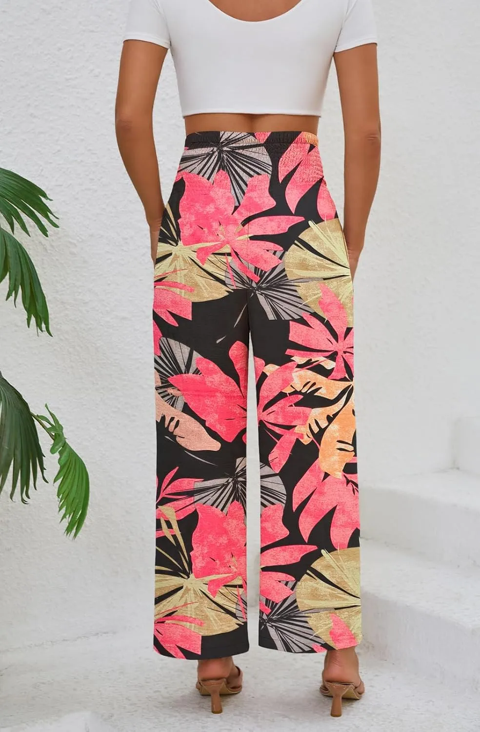 Womens Elastic High Waisted Wide Leg Pants Casual Loose Flowy Palazzo Pant Long Lounge Capri Trousers with Pocket