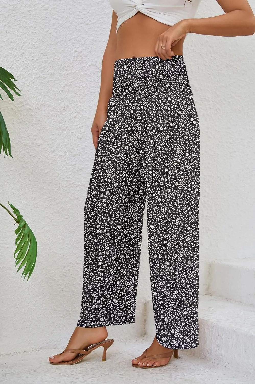 Womens Elastic High Waisted Wide Leg Pants Casual Loose Flowy Palazzo Pant Long Lounge Capri Trousers with Pocket