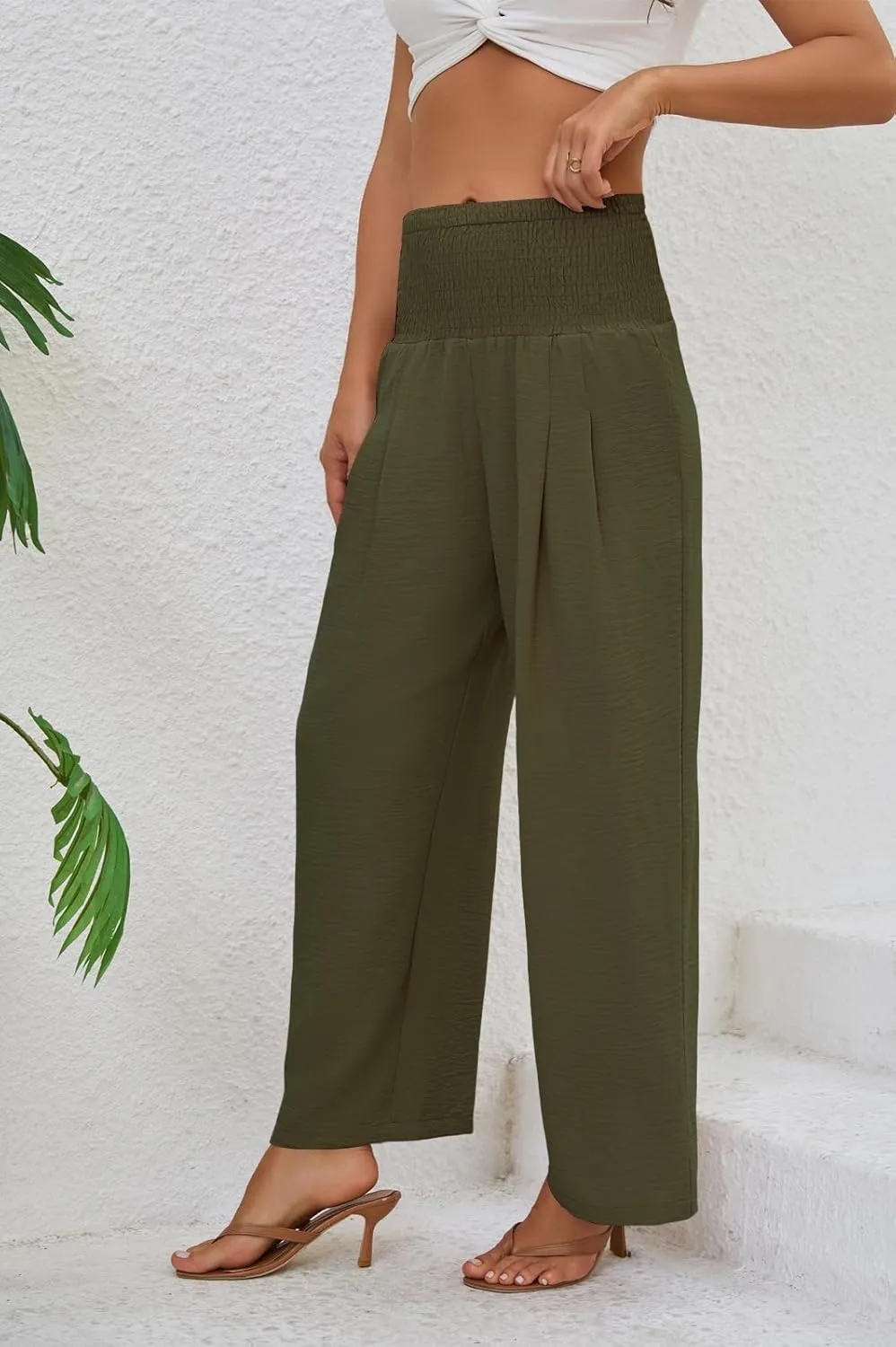 Womens Elastic High Waisted Wide Leg Pants Casual Loose Flowy Palazzo Pant Long Lounge Capri Trousers with Pocket