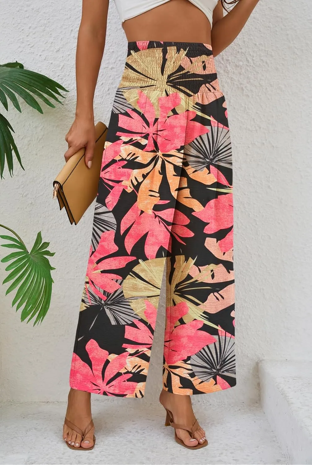 Womens Elastic High Waisted Wide Leg Pants Casual Loose Flowy Palazzo Pant Long Lounge Capri Trousers with Pocket