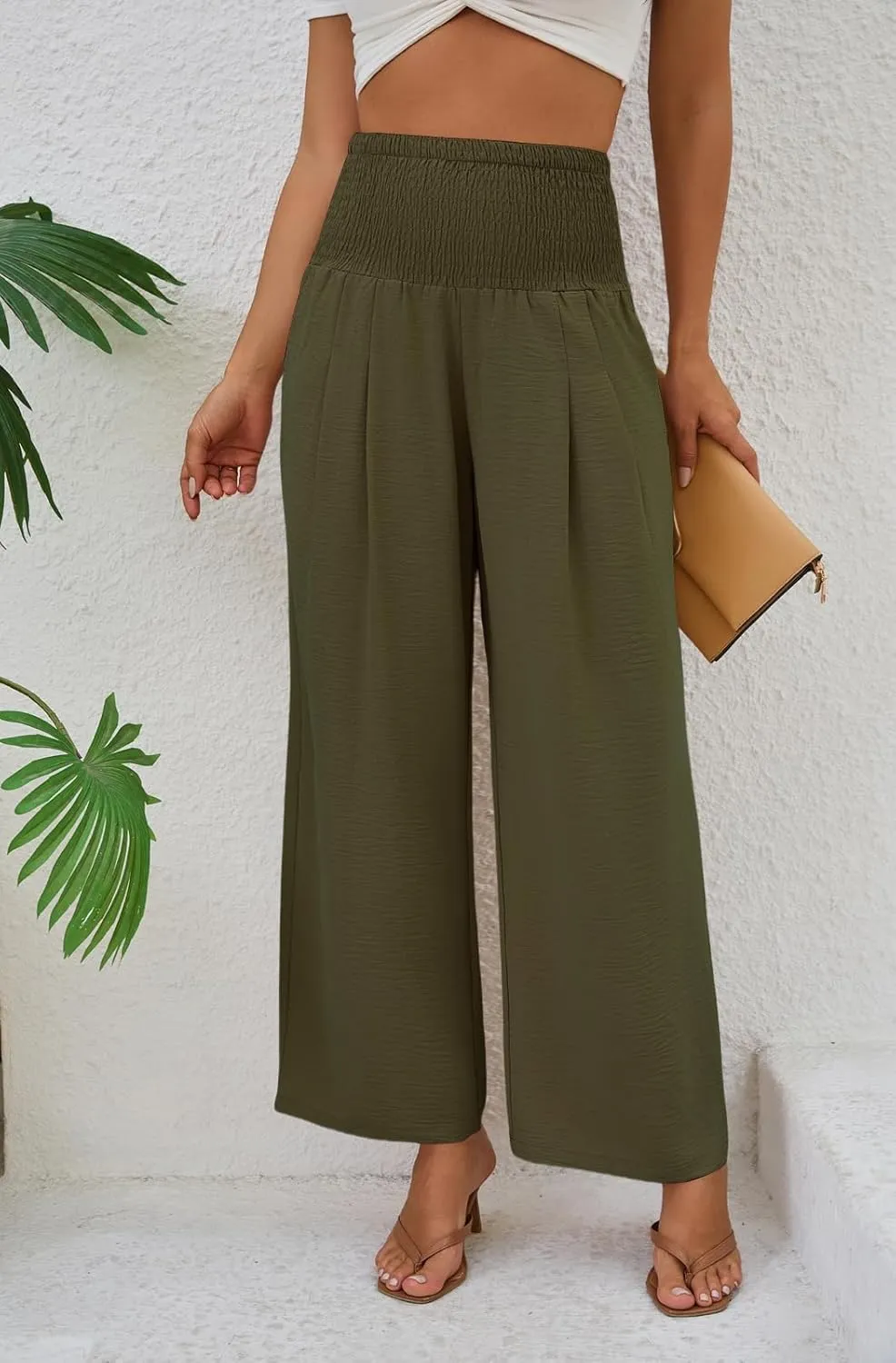 Womens Elastic High Waisted Wide Leg Pants Casual Loose Flowy Palazzo Pant Long Lounge Capri Trousers with Pocket