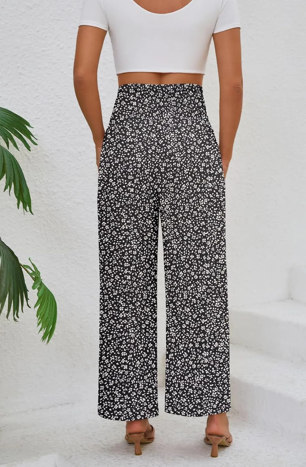 Womens Elastic High Waisted Wide Leg Pants Casual Loose Flowy Palazzo Pant Long Lounge Capri Trousers with Pocket