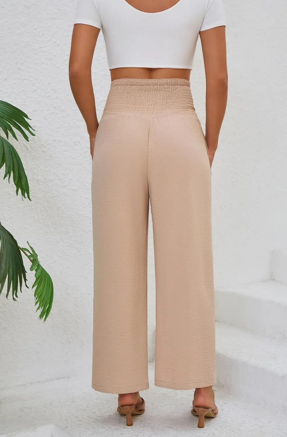 Womens Elastic High Waisted Wide Leg Pants Casual Loose Flowy Palazzo Pant Long Lounge Capri Trousers with Pocket