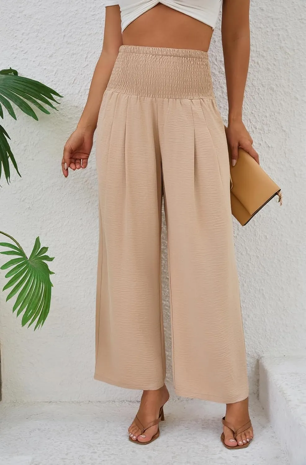 Womens Elastic High Waisted Wide Leg Pants Casual Loose Flowy Palazzo Pant Long Lounge Capri Trousers with Pocket