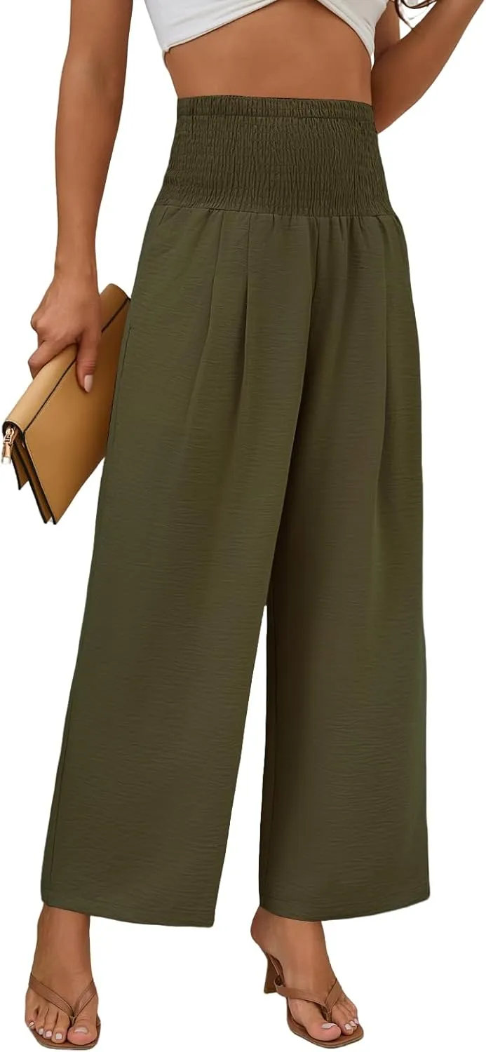 Womens Elastic High Waisted Wide Leg Pants Casual Loose Flowy Palazzo Pant Long Lounge Capri Trousers with Pocket