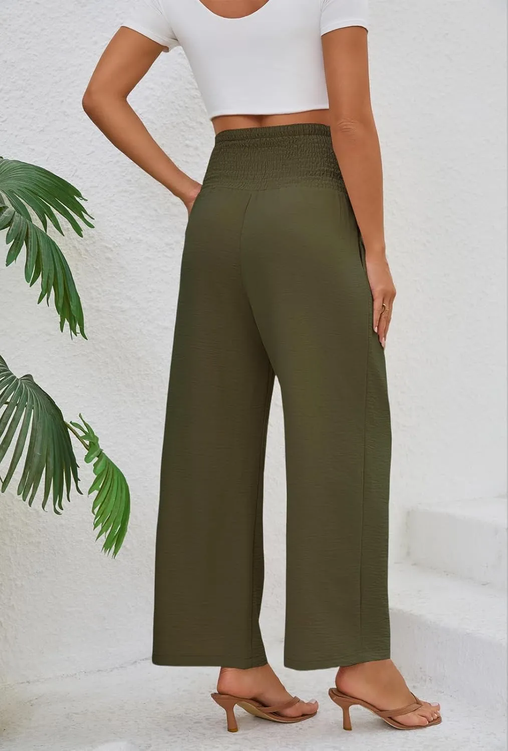Womens Elastic High Waisted Wide Leg Pants Casual Loose Flowy Palazzo Pant Long Lounge Capri Trousers with Pocket