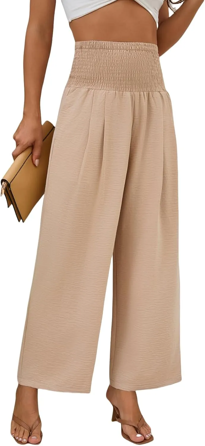 Womens Elastic High Waisted Wide Leg Pants Casual Loose Flowy Palazzo Pant Long Lounge Capri Trousers with Pocket