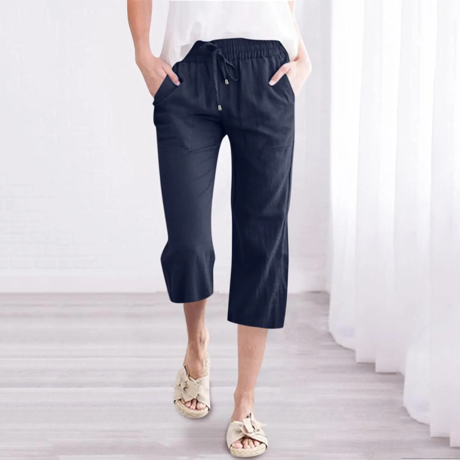 Womens Summer Pants 2024 Trendy Women Fashion High Waisted Wide Leg Pants Drawstring Elastic Jogging Pants